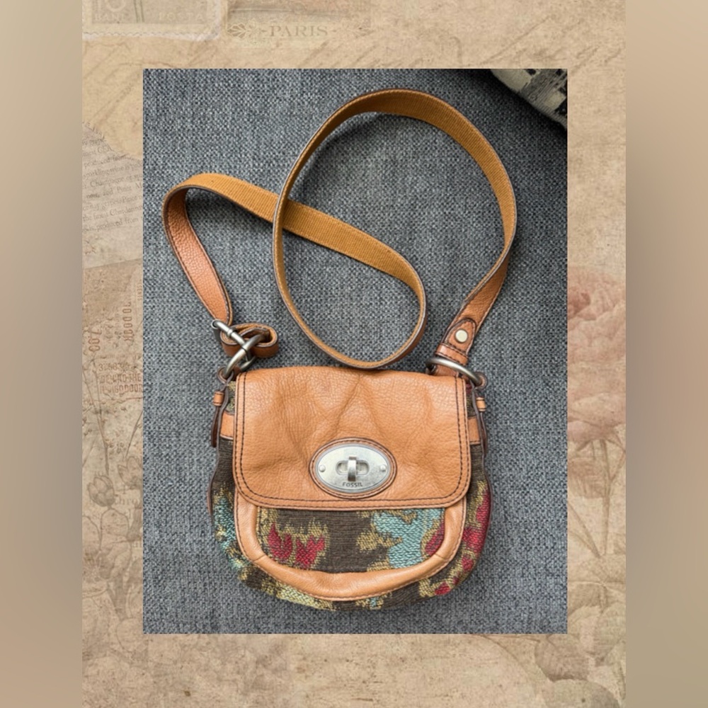 Fossil Tan Leather Crossbody with Multicolor Floral Tapestry